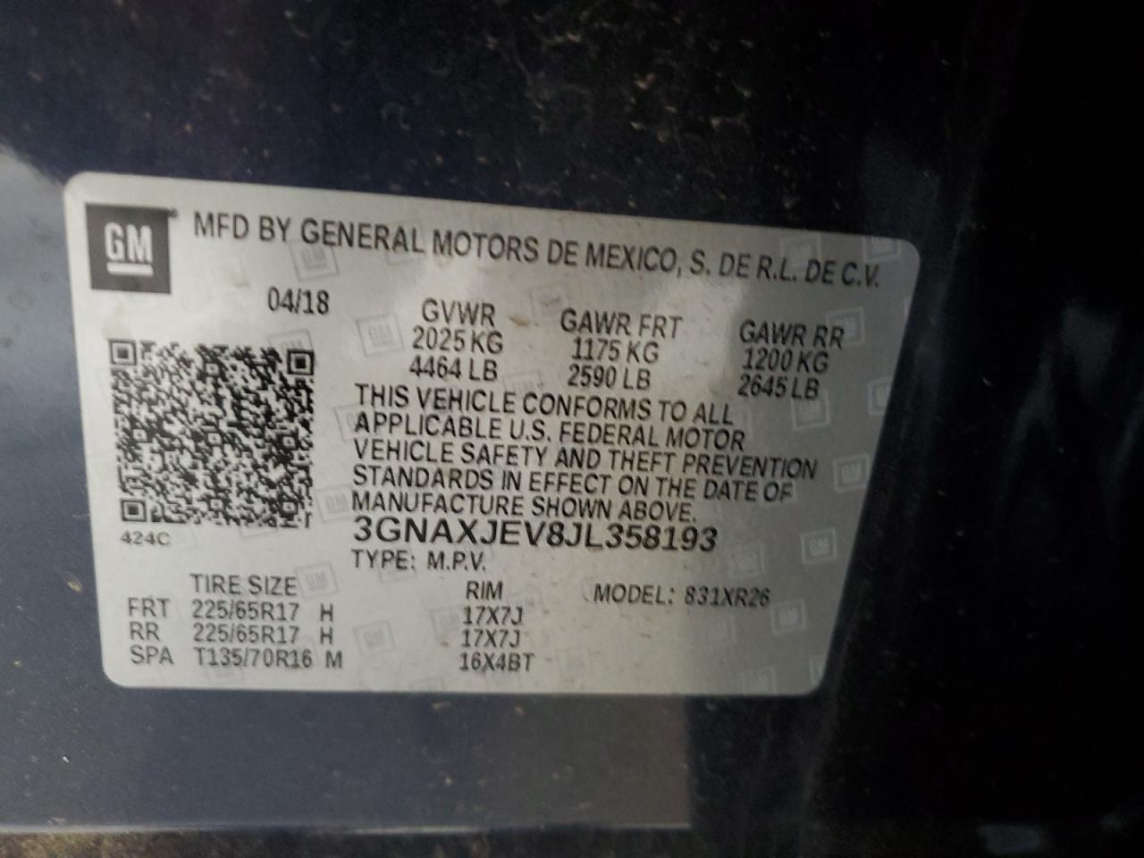 2018 Chevrolet Equinox Lt VIN: 3GNAXJEV8JL358193 Lot: 80902885