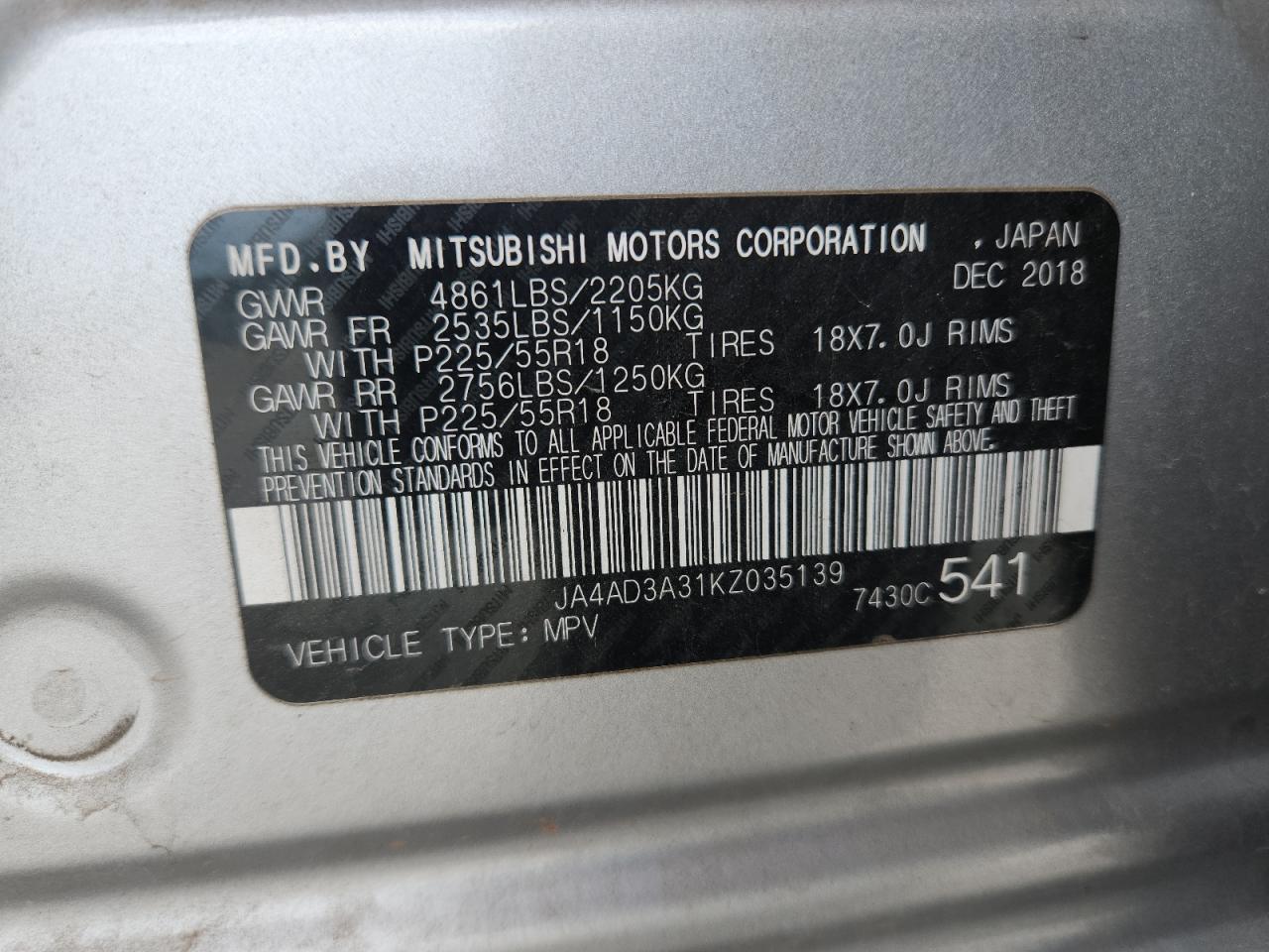 2019 Mitsubishi Outlander Se VIN: JA4AD3A31KZ035139 Lot: 80302425