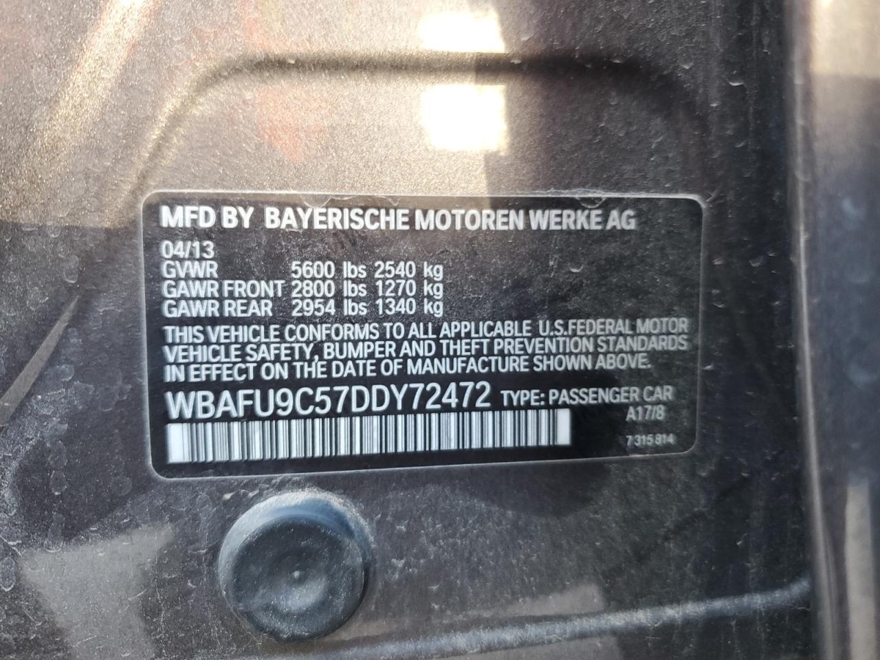 2013 BMW 550 Xi VIN: WBAFU9C57DDY72472 Lot: 81638485