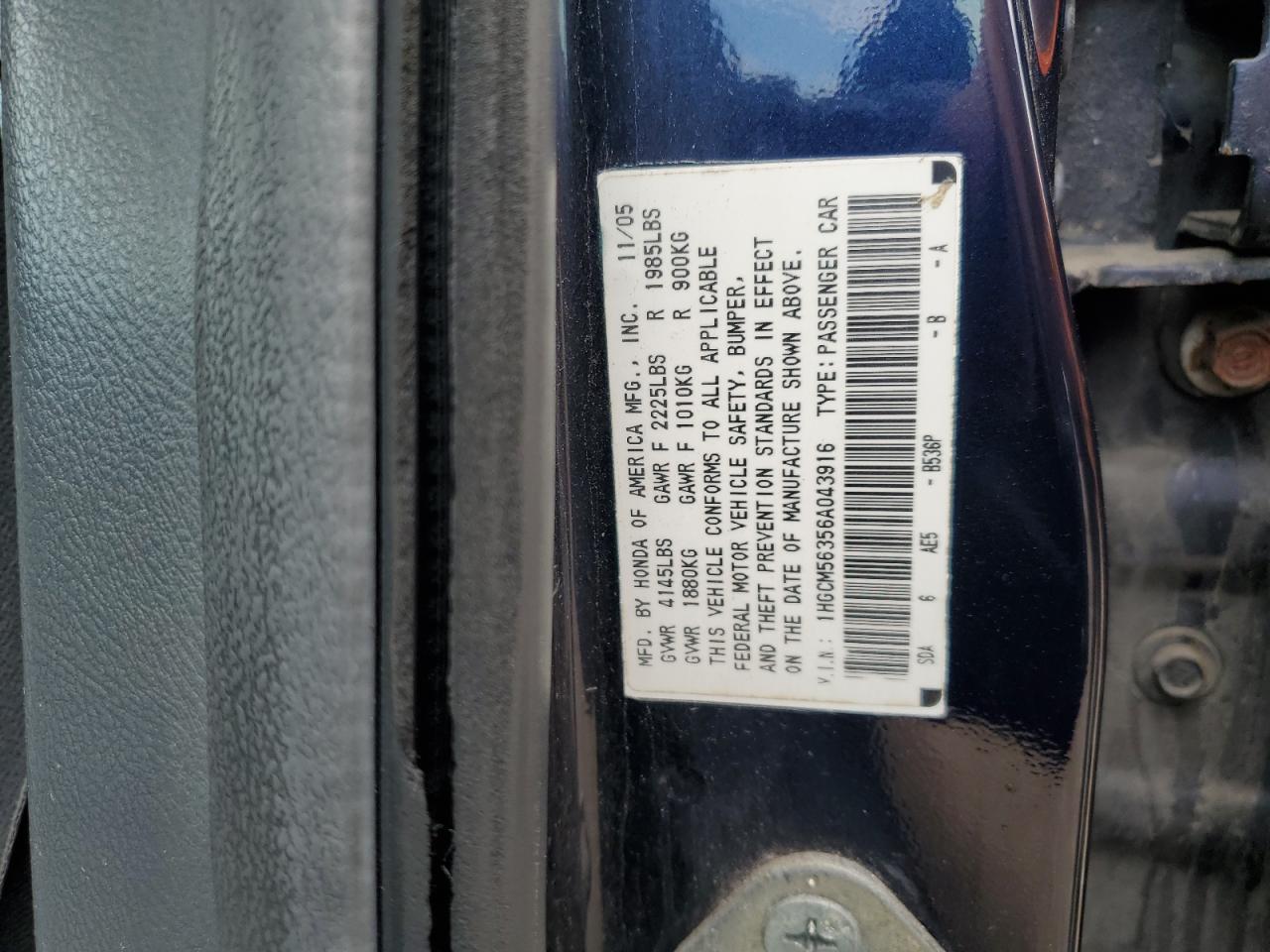 2006 Honda Accord Se VIN: 1HGCM56356A043916 Lot: 70779575