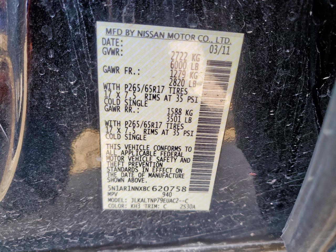 2011 Nissan Pathfinder S VIN: 5N1AR1NNXBC620758 Lot: 71260495