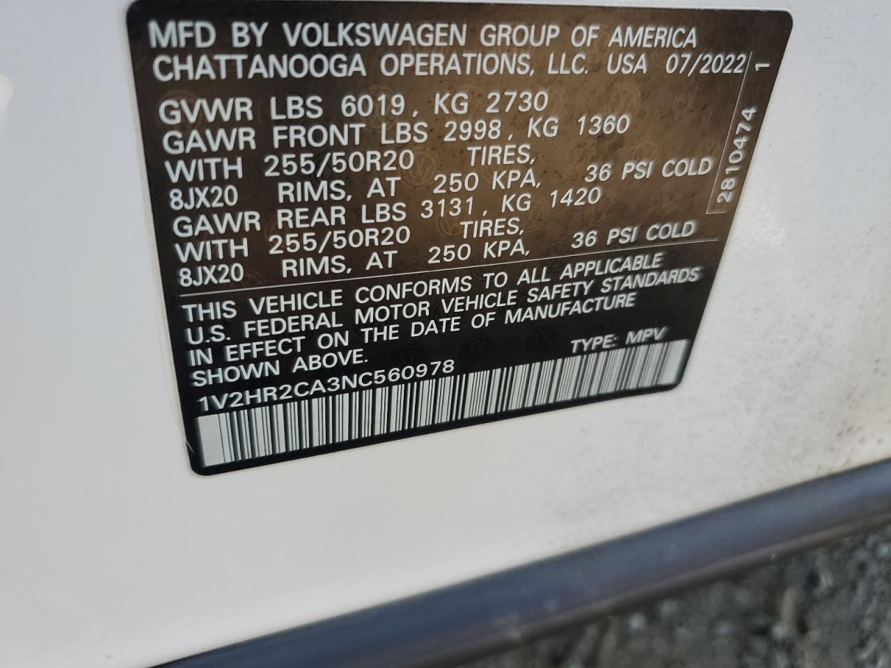 2022 Volkswagen Atlas Se VIN: 1V2HR2CA3NC560978 Lot: 80637785