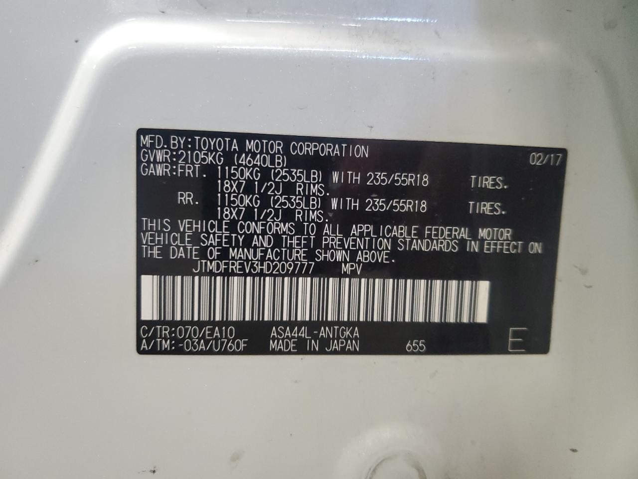 2017 Toyota Rav4 Limited VIN: JTMDFREV3HD209777 Lot: 80516965