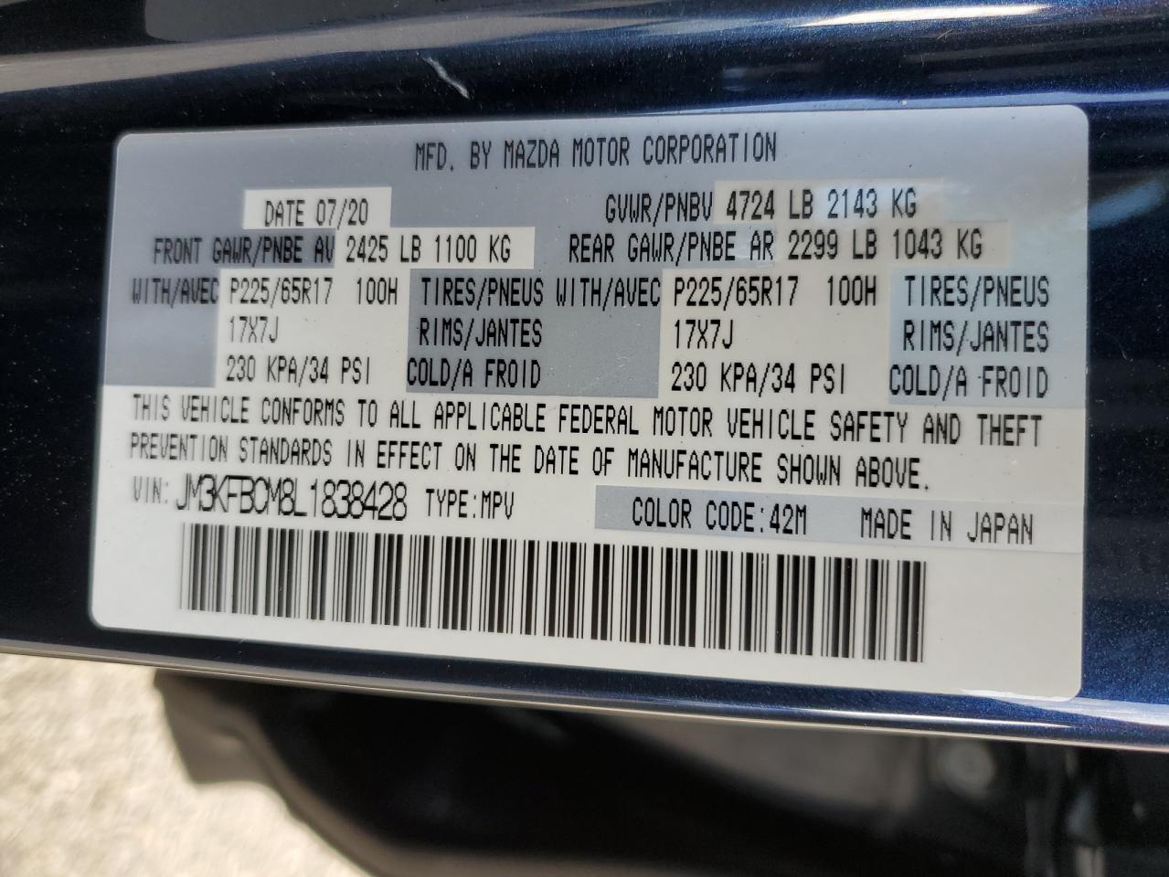 2020 Mazda Cx-5 Touring VIN: JM3KFBCM8L1838428 Lot: 82023565