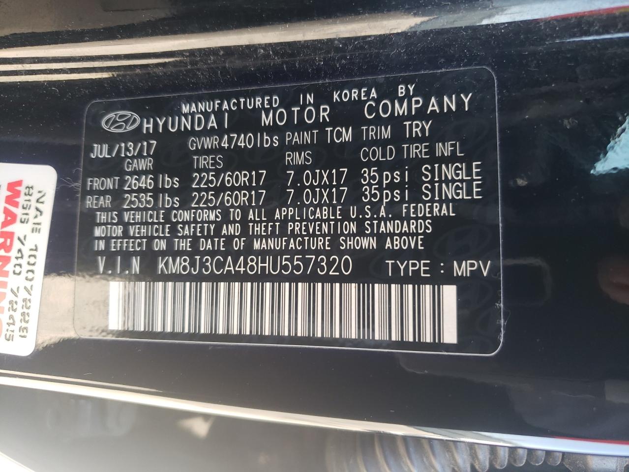 2017 Hyundai Tucson Limited VIN: KM8J3CA48HU557320 Lot: 71014785