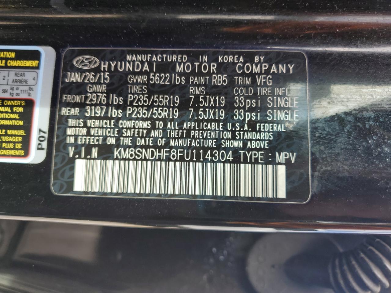 2015 Hyundai Santa Fe Gls VIN: KM8SNDHF8FU114304 Lot: 84047175