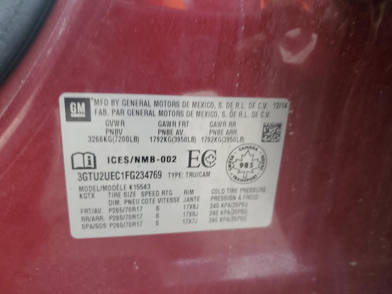 2015 GMC Sierra K1500 Sle VIN: 3GTU2UEC1FG234769 Lot: 71589145