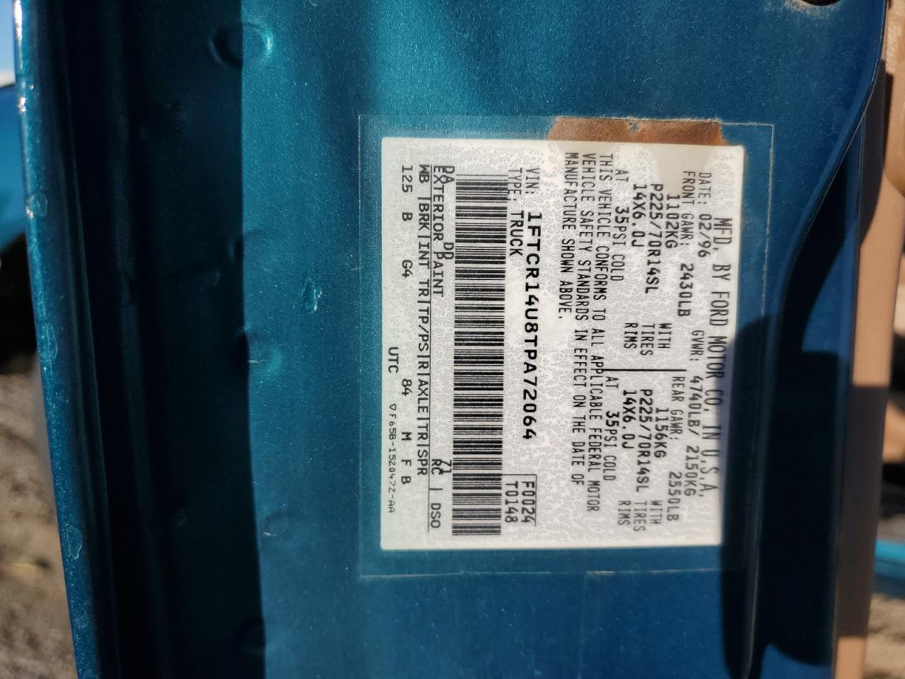 1996 Ford Ranger Super Cab VIN: 1FTCR14U8TPA72064 Lot: 83946305