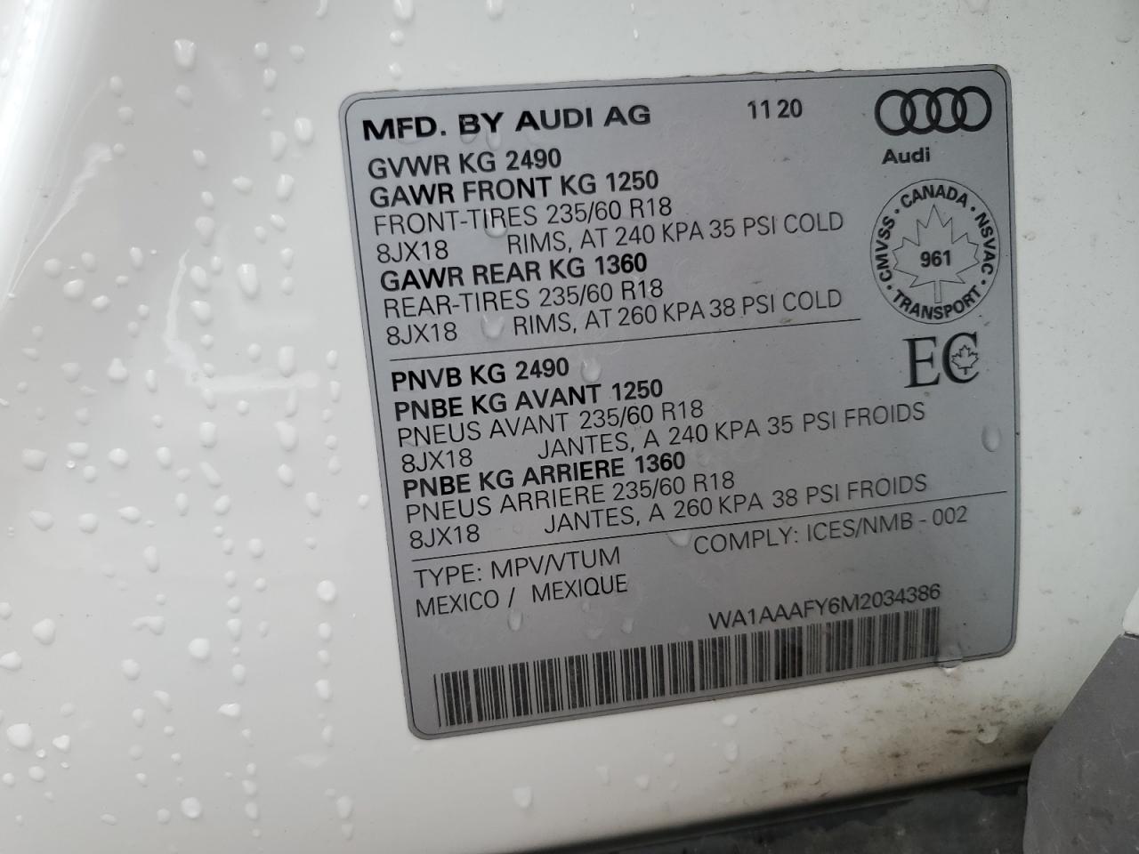 2021 Audi Q5 Premium VIN: WA1AAAFY6M2034386 Lot: 70980925
