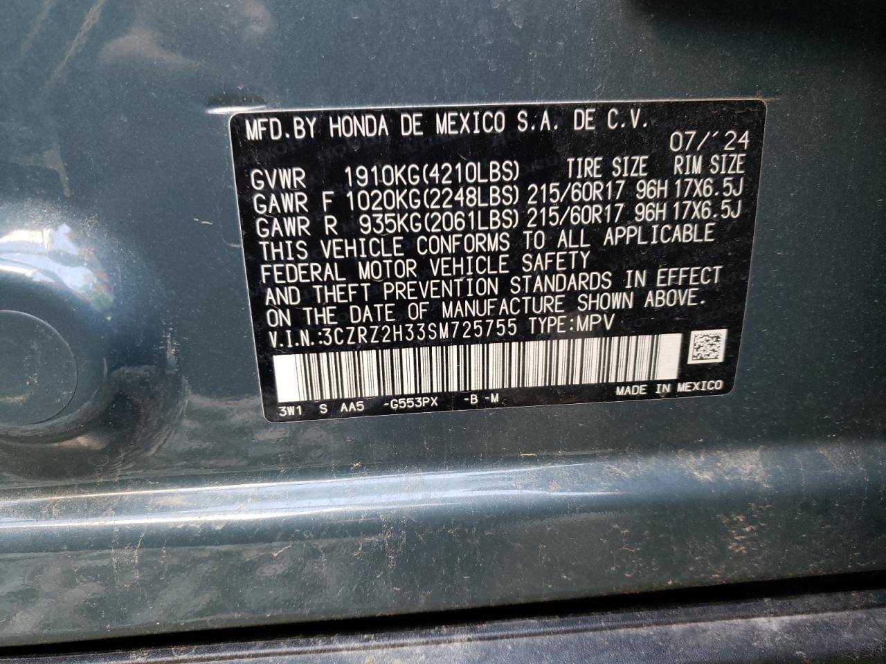 2025 Honda Hr-V Lx VIN: 3CZRZ2H33SM725755 Lot: 71132485