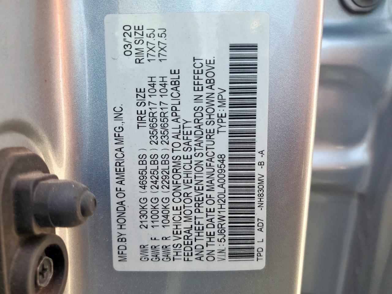 2020 Honda Cr-V Lx VIN: 5J6RW1H20LA009548 Lot: 70588825