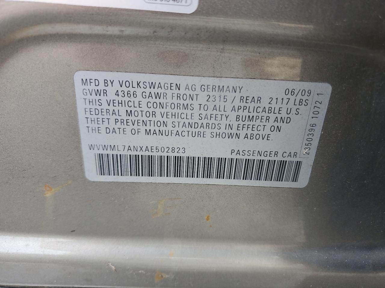 2010 Volkswagen Cc Sport VIN: WVWML7ANXAE502823 Lot: 80251565