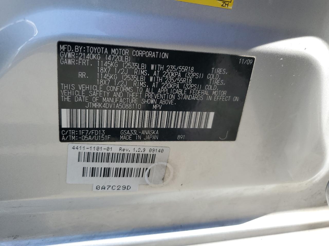 2010 Toyota Rav4 Sport VIN: JTMRK4DV1A5088110 Lot: 81592865