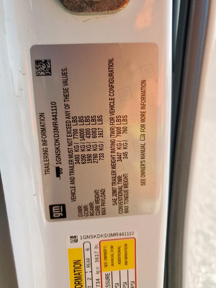 2021 Chevrolet Suburban K1500 Z71 VIN: 1GNSKDKD3MR441110 Lot: 70474075