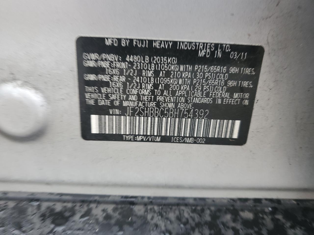 2011 Subaru Forester 2.5X VIN: JF2SHBBC5BH754392 Lot: 84227825