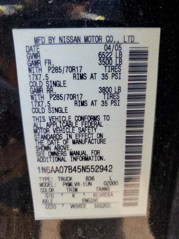 2005 Nissan Titan Xe VIN: 1N6AA07B45N552942 Lot: 80020155