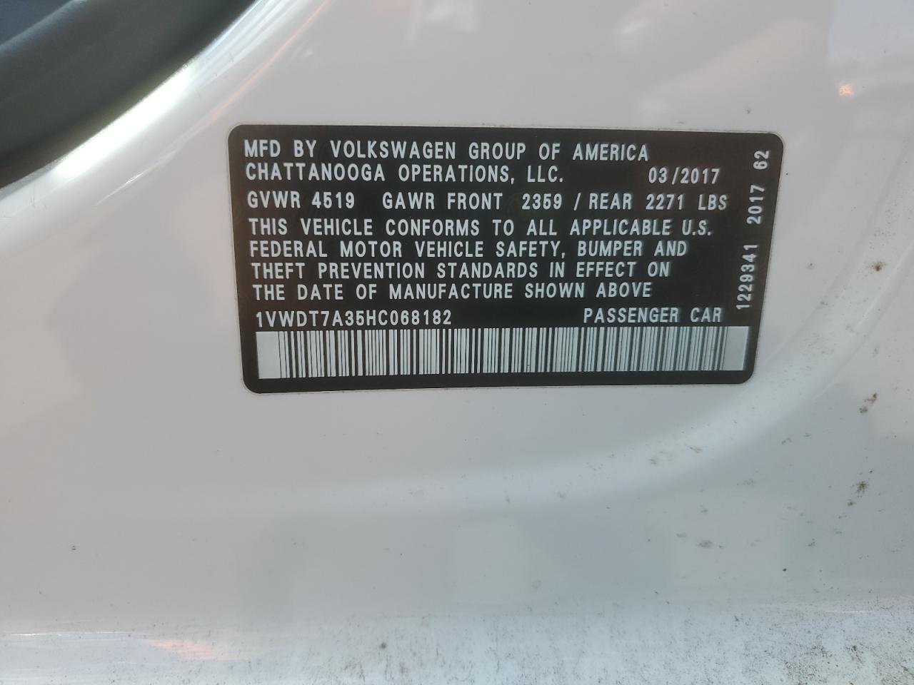 2017 Volkswagen Passat R-Line VIN: 1VWDT7A35HC068182 Lot: 80501195