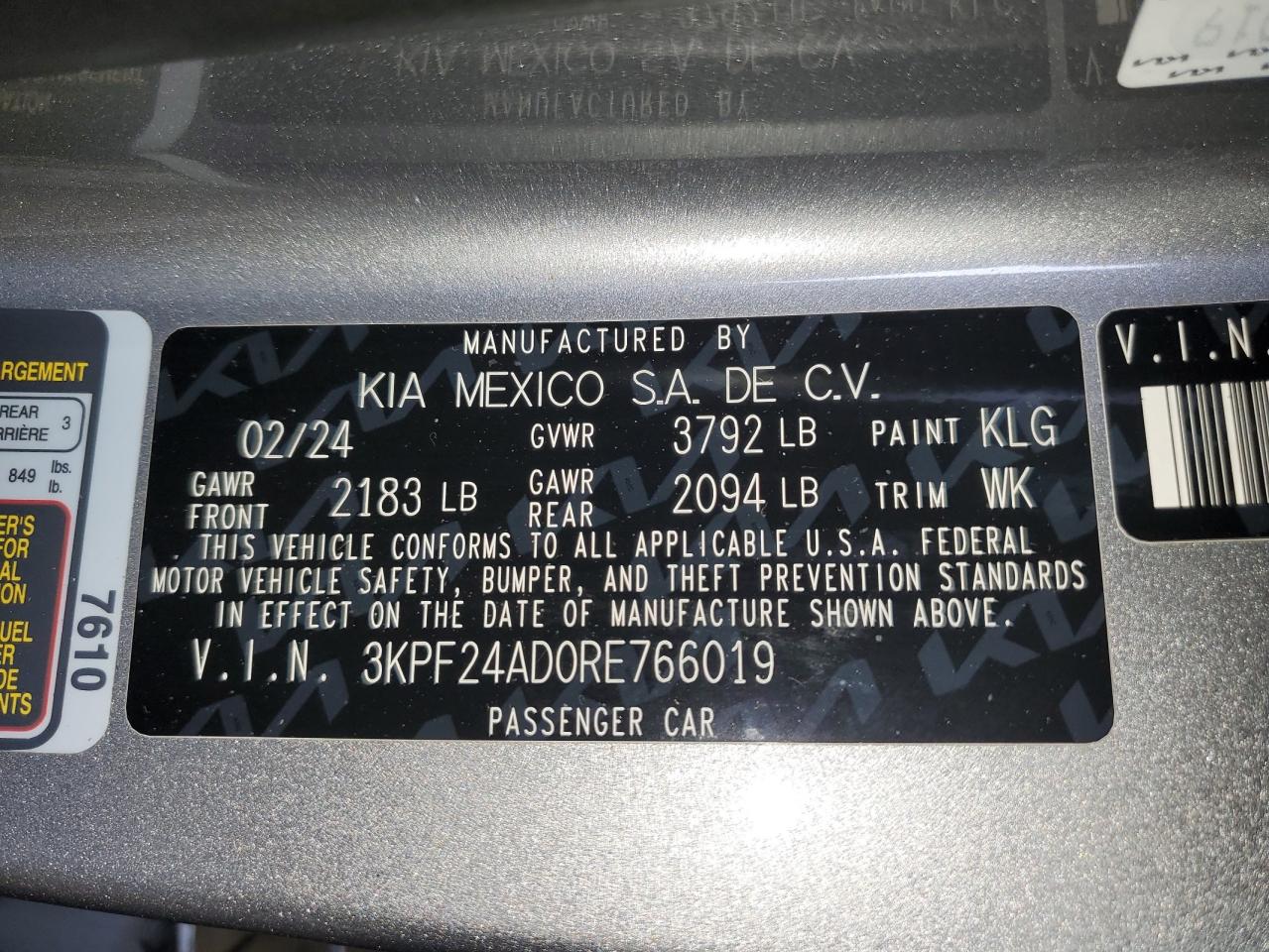 2024 Kia Forte Lx VIN: 3KPF24AD0RE766019 Lot: 83802795