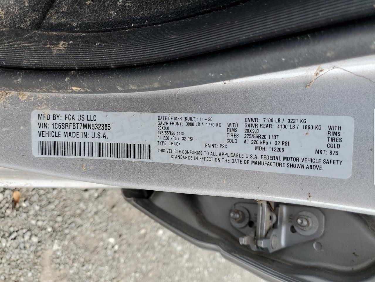 2021 Ram 1500 Big Horn/Lone Star VIN: 1C6SRFBT7MN532385 Lot: 84632465