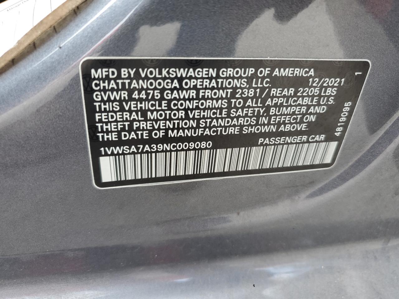 2022 Volkswagen Passat Se VIN: 1VWSA7A39NC009080 Lot: 80035335