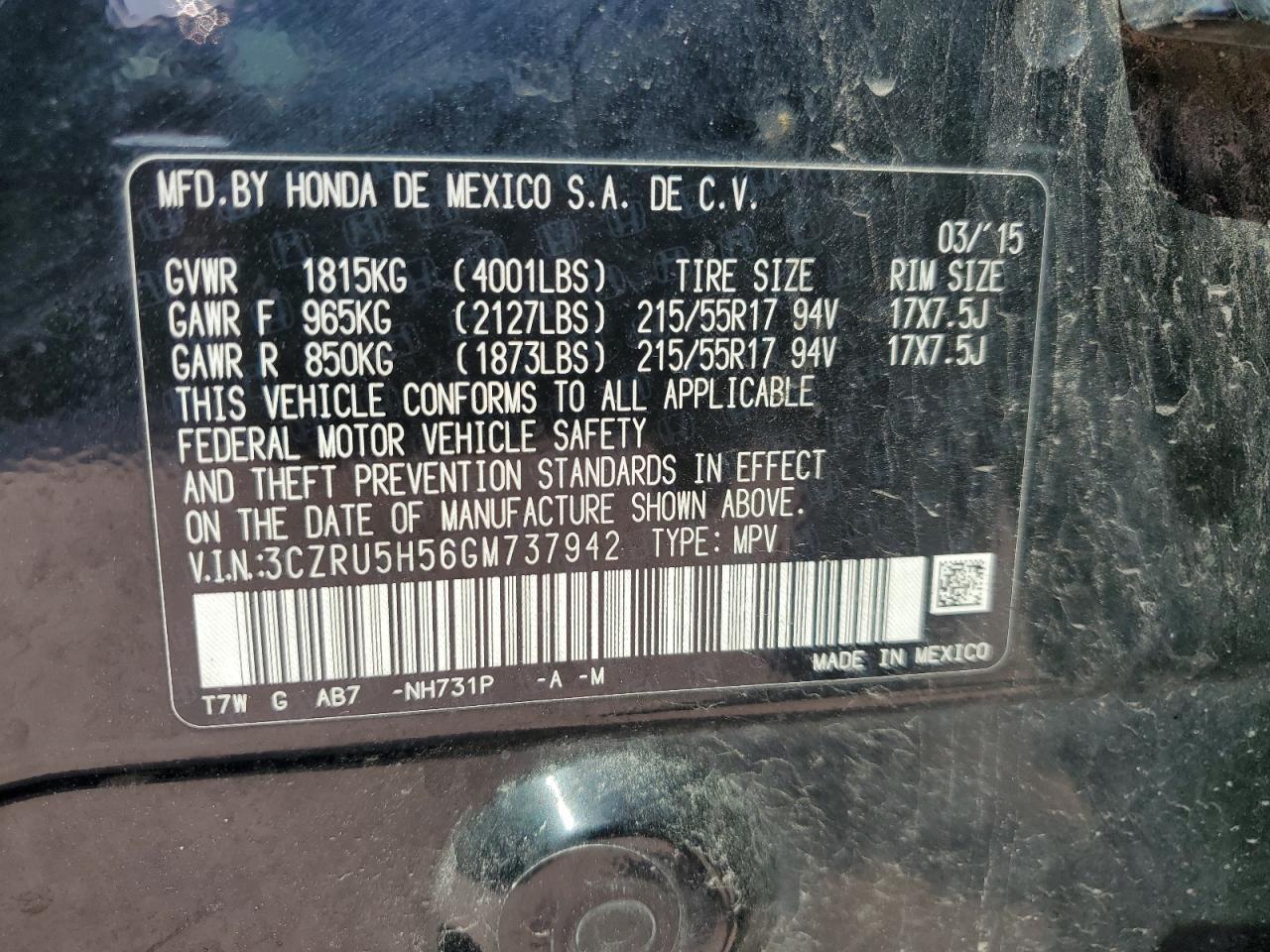 2016 Honda Hr-V Ex VIN: 3CZRU5H56GM737942 Lot: 80515445
