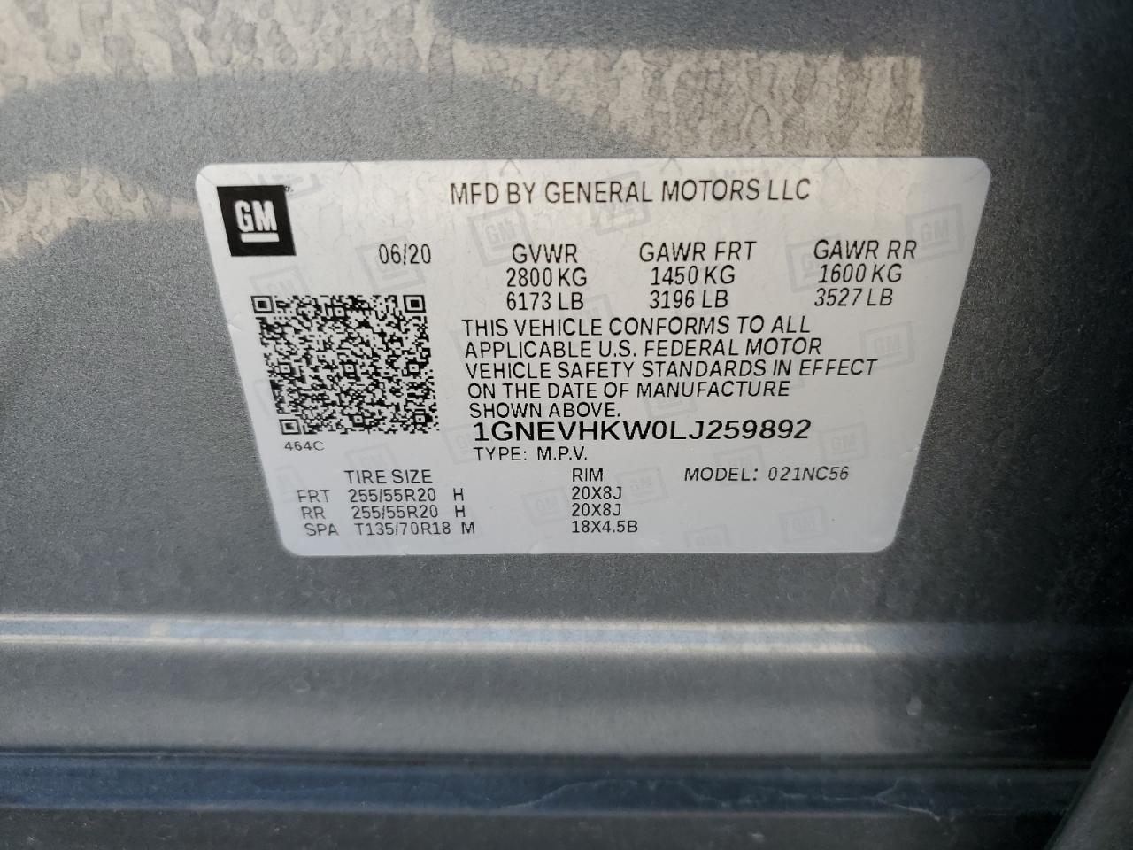 2020 Chevrolet Traverse Lt VIN: 1GNEVHKW0LJ259892 Lot: 81044815