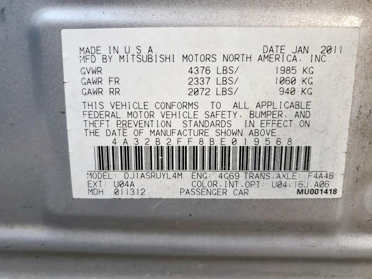 2011 Mitsubishi Galant Fe VIN: 4A32B2FF8BE019568 Lot: 81598245