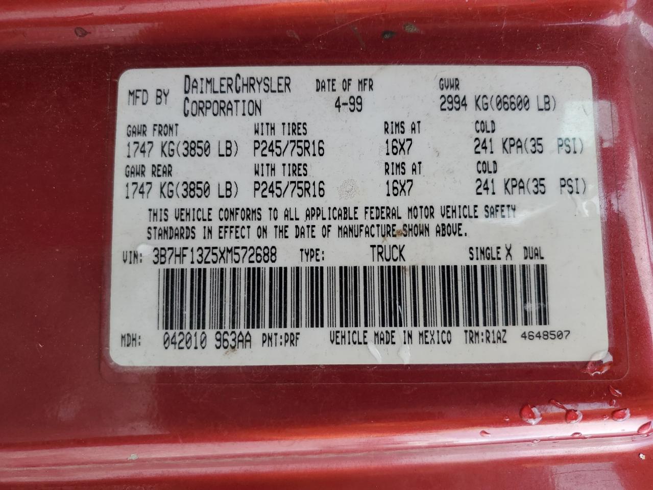 1999 Dodge Ram 1500 VIN: 3B7HF13Z5XM572688 Lot: 71714375