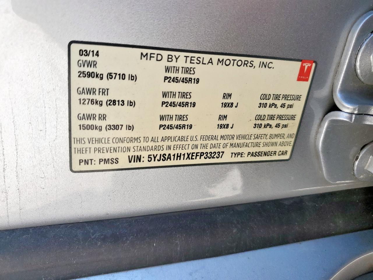 2014 Tesla Model S VIN: 5YJSA1H1XEFP33237 Lot: 70839075