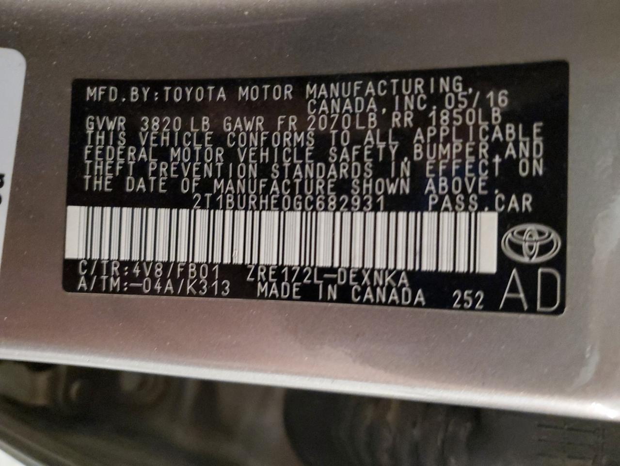 2016 Toyota Corolla L VIN: 2T1BURHE0GC682931 Lot: 81330325