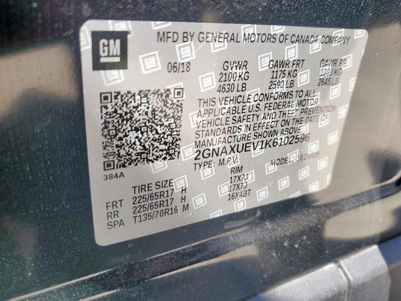 2019 Chevrolet Equinox Lt VIN: 2GNAXUEV1K6102596 Lot: 83978675