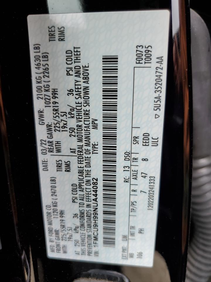 2022 Ford Escape Sel VIN: 1FMCU9H99NUA44082 Lot: 81390505