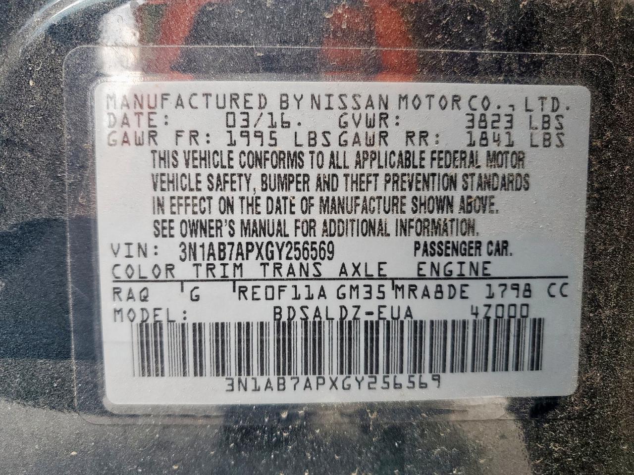 2016 Nissan Sentra S VIN: 3N1AB7APXGY256569 Lot: 71232075