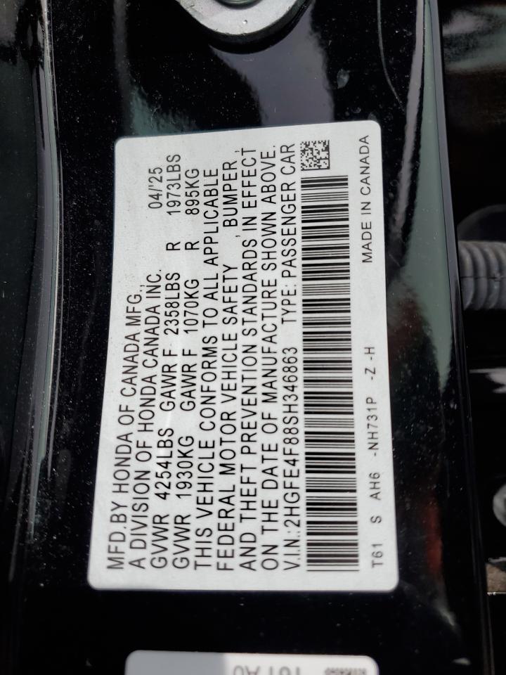 2025 Honda Civic Sport VIN: 2HGFE4F88SH346863 Lot: 84283975