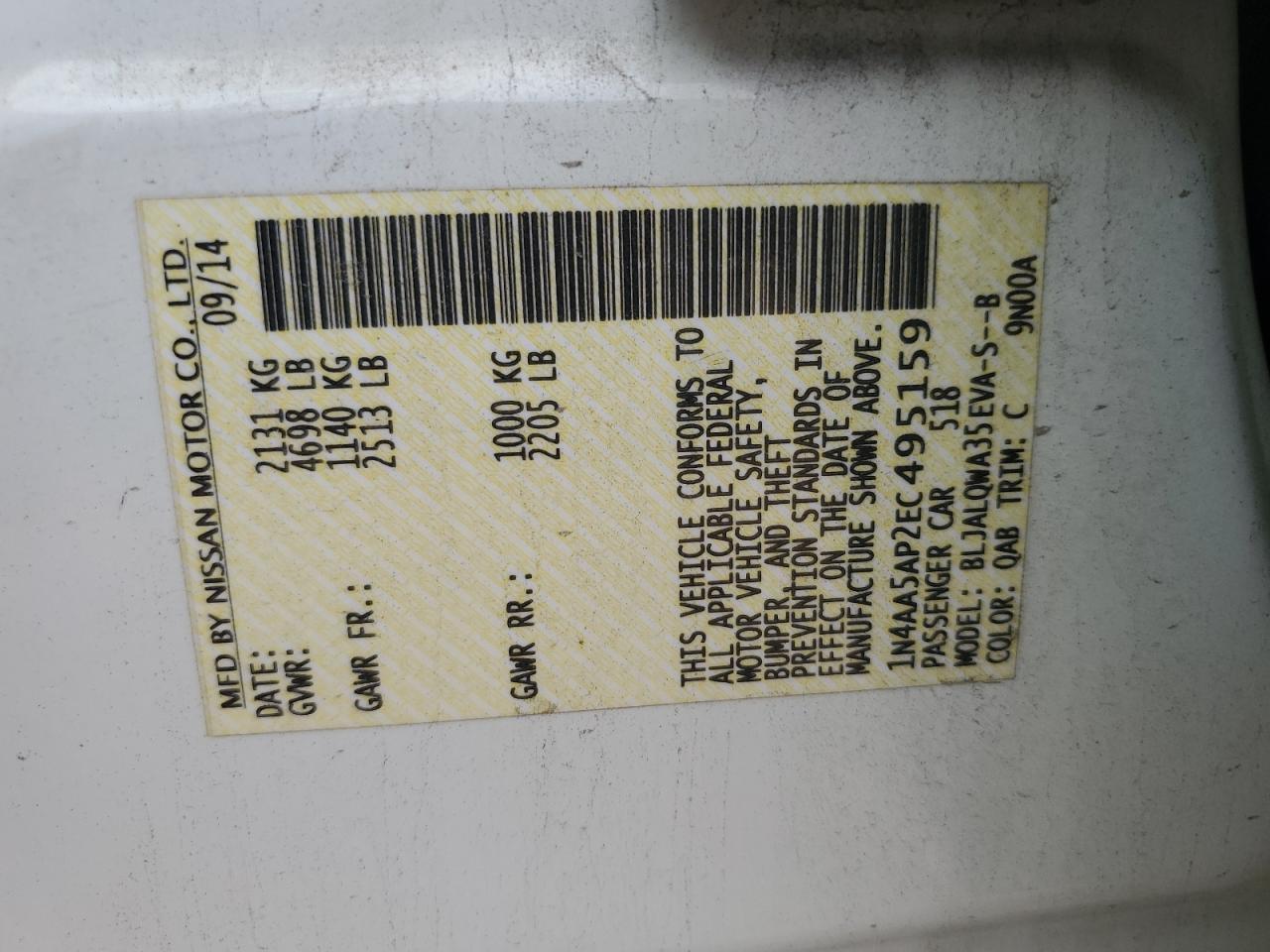 2014 Nissan Maxima S VIN: 1N4AA5AP2EC495159 Lot: 80876025