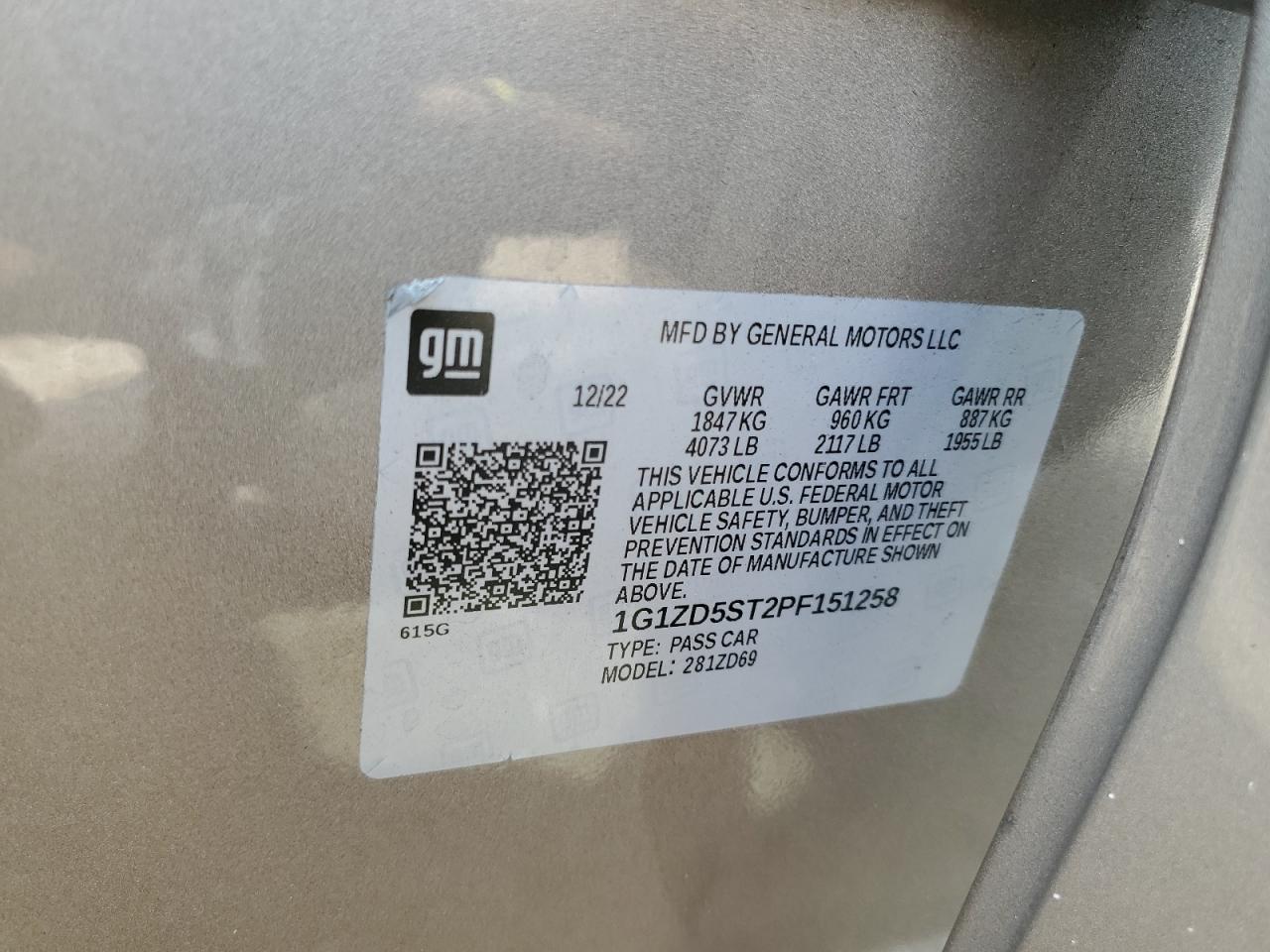 2023 Chevrolet Malibu Lt VIN: 1G1ZD5ST2PF151258 Lot: 84051695