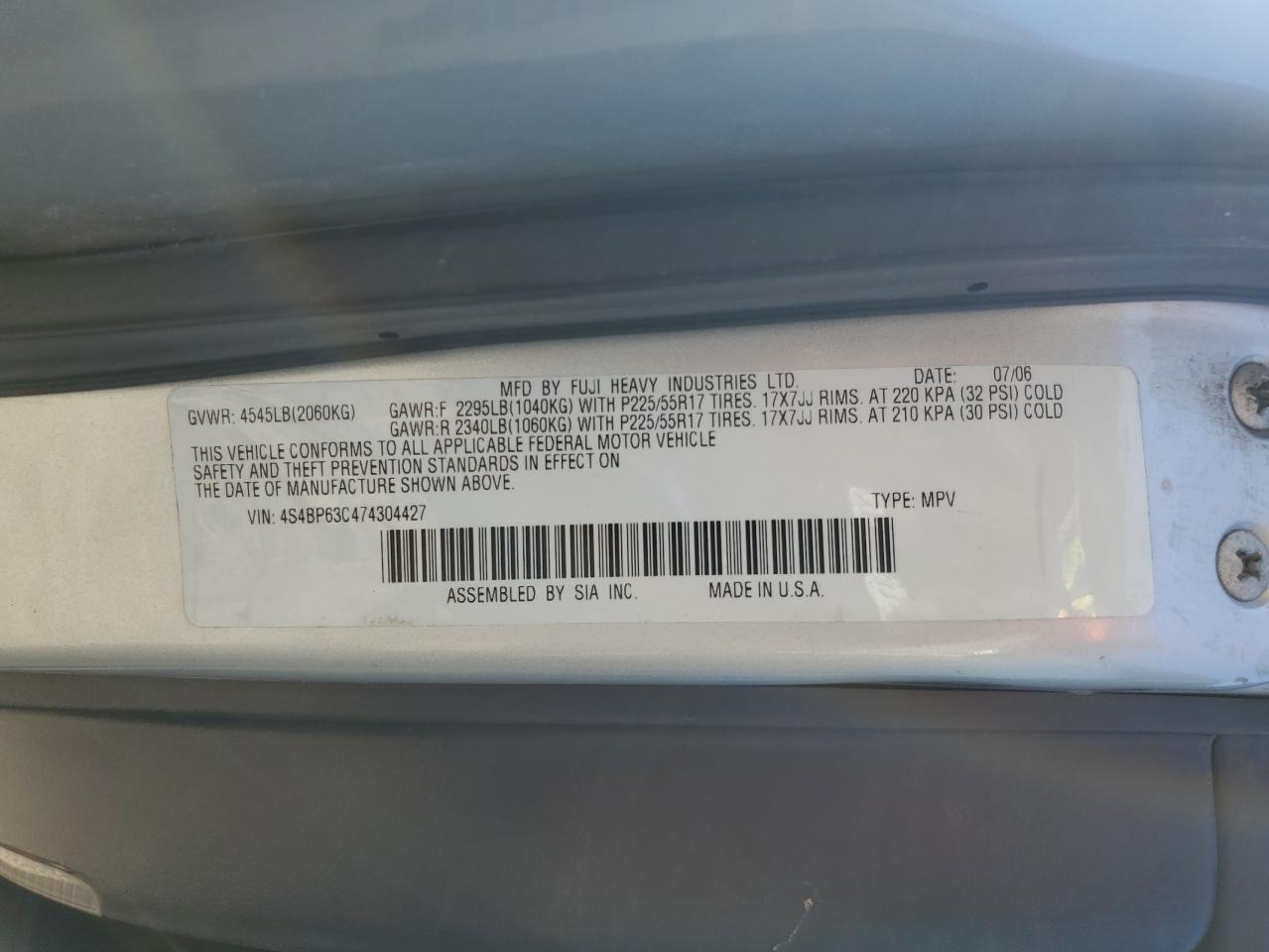 2007 Subaru Legacy Outback VIN: 4S4BP63C474304427 Lot: 81687285