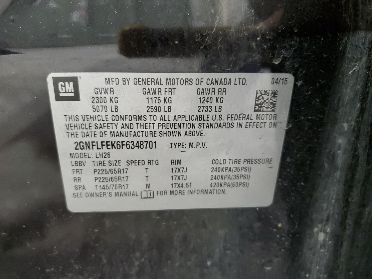 2015 Chevrolet Equinox Lt VIN: 2GNFLFEK6F6348701 Lot: 71972355