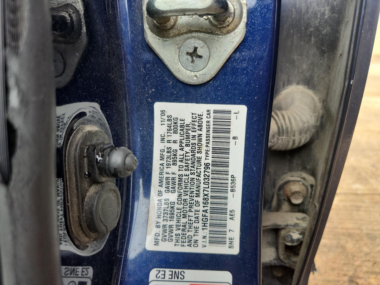 2007 Honda Civic Ex VIN: 1HGFA168X7L032796 Lot: 81845295