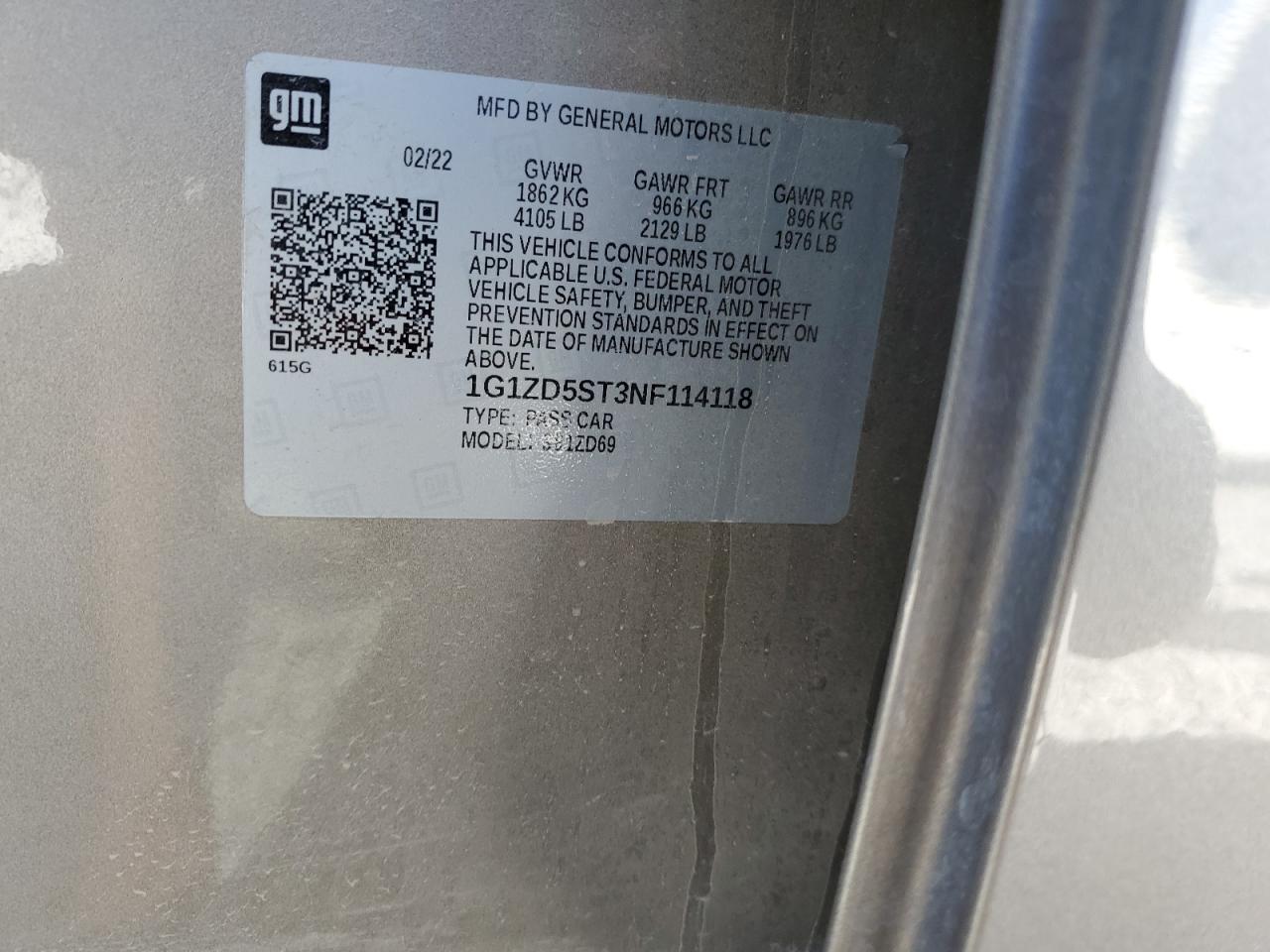 2022 Chevrolet Malibu Lt VIN: 1G1ZD5ST3NF114118 Lot: 81371355