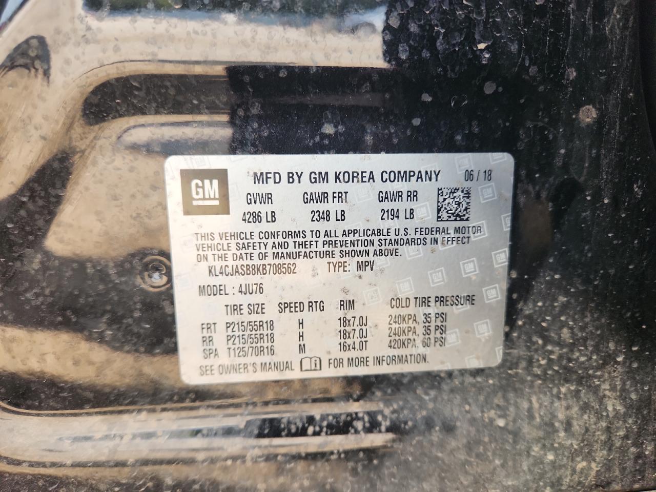 2019 Buick Encore Preferred VIN: KL4CJASB8KB708562 Lot: 80949405