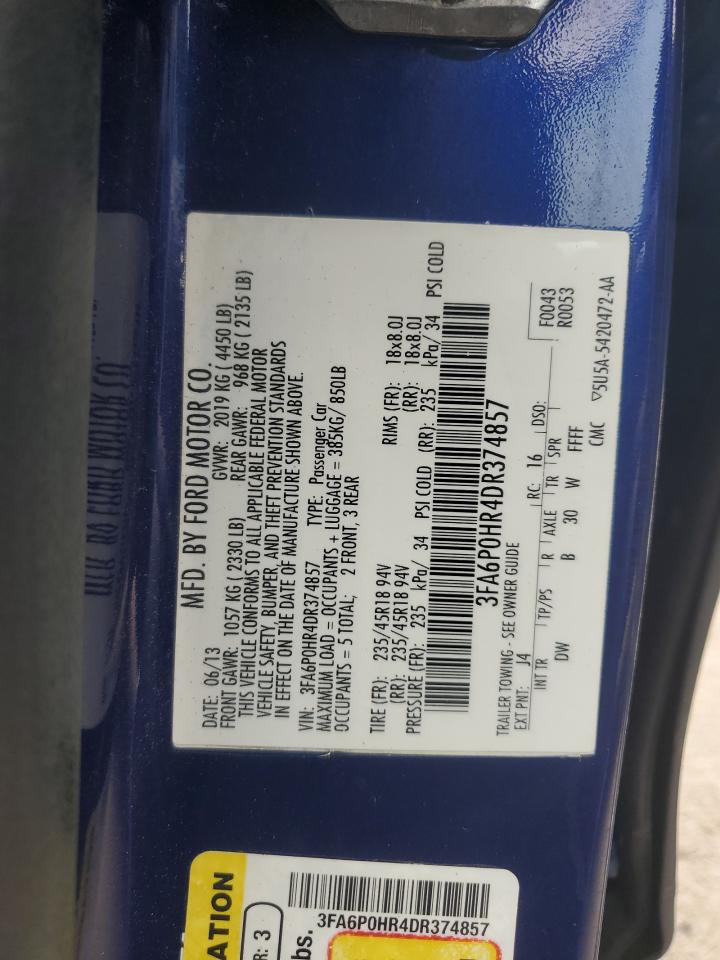 2013 Ford Fusion Se VIN: 3FA6P0HR4DR374857 Lot: 80085955