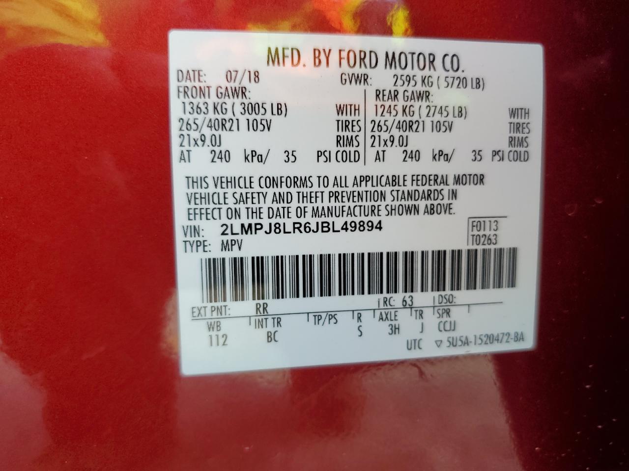 2018 Lincoln Mkx Reserve VIN: 2LMPJ8LR6JBL49894 Lot: 80451925