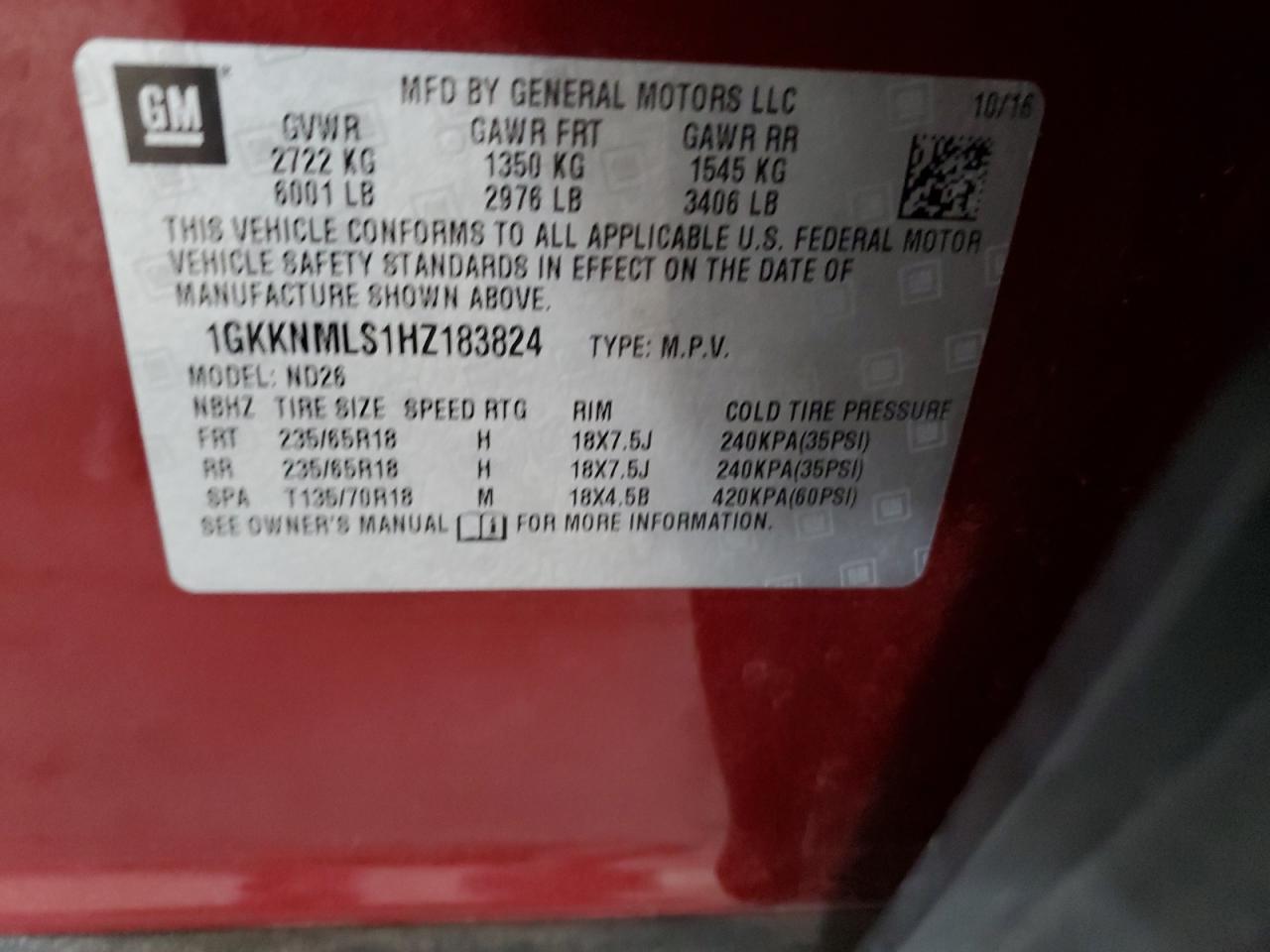 2017 GMC Acadia Slt-1 VIN: 1GKKNMLS1HZ183824 Lot: 72096995