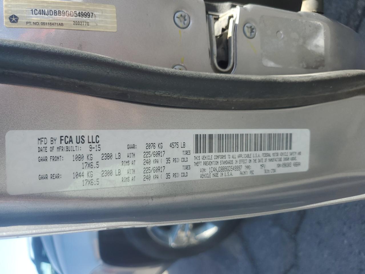 2016 Jeep Compass Sport VIN: 1C4NJDBB9GD549997 Lot: 80524445