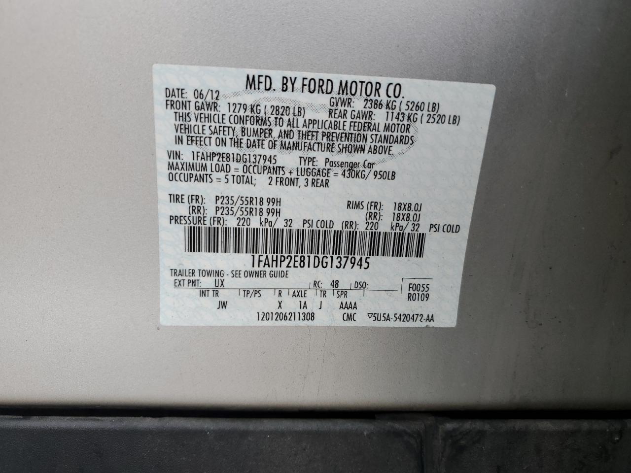 2013 Ford Taurus Sel VIN: 1FAHP2E81DG137945 Lot: 81733255