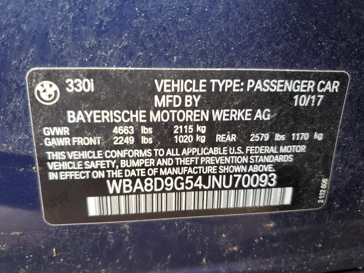 2018 BMW 330 Xi VIN: WBA8D9G54JNU70093 Lot: 80902165