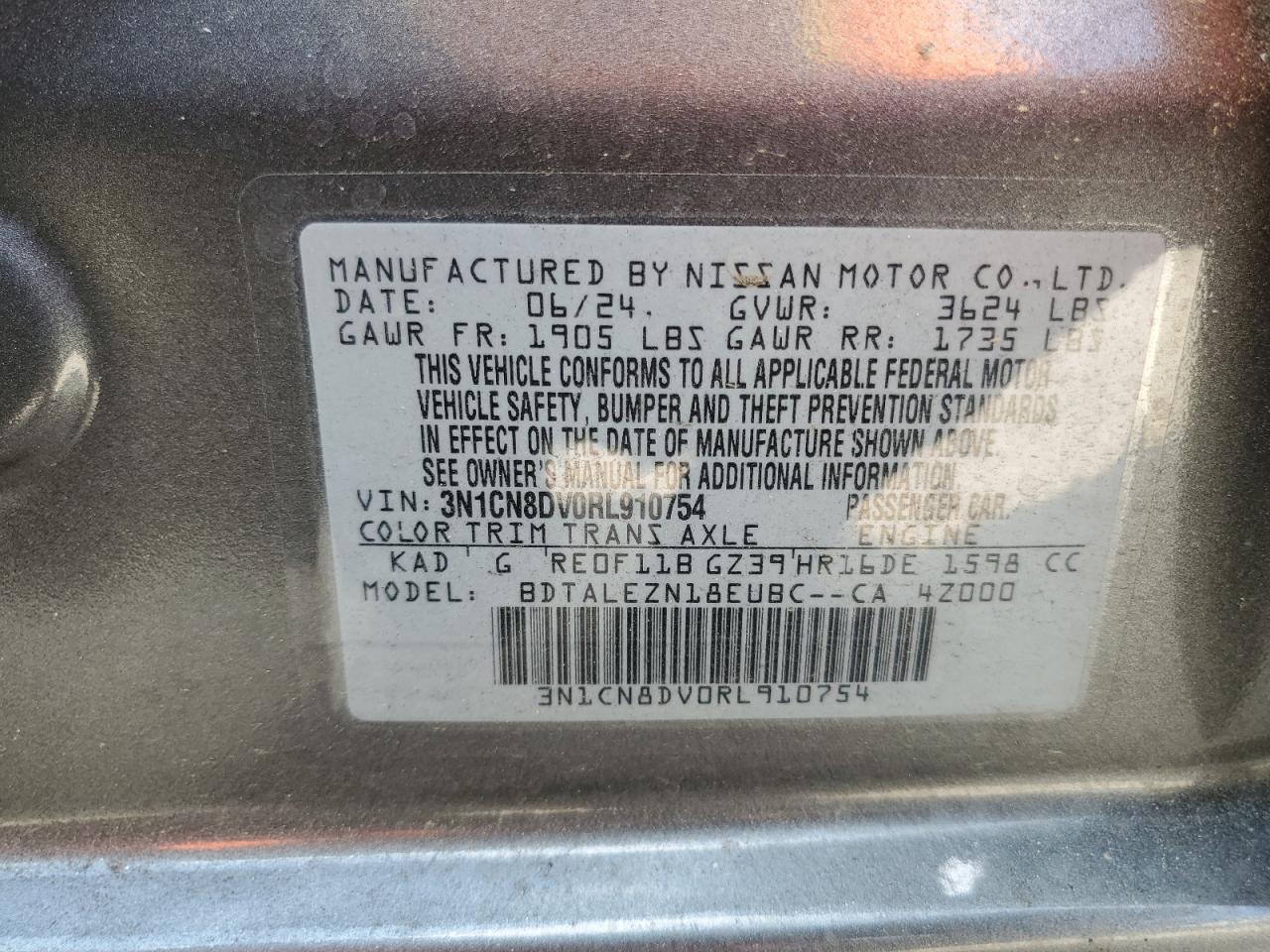 2024 Nissan Versa S VIN: 3N1CN8DV0RL910754 Lot: 80999365