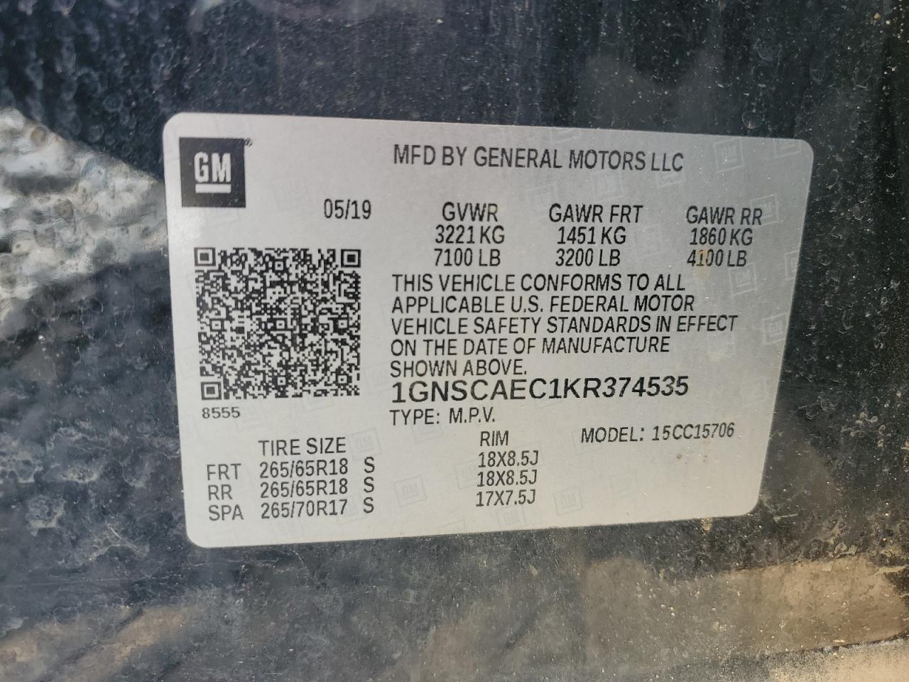 2019 Chevrolet Tahoe C1500 Ls VIN: 1GNSCAEC1KR374535 Lot: 81609295