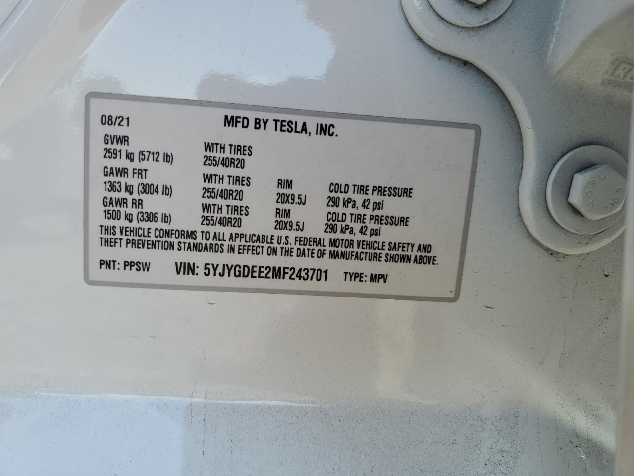 2021 Tesla Model Y VIN: 5YJYGDEE2MF243701 Lot: 81344595